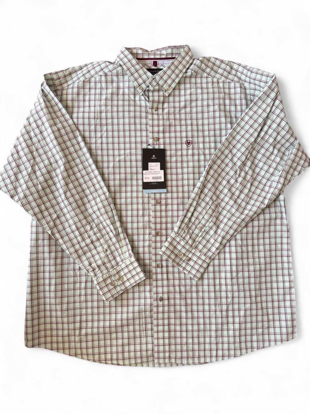 Men's Long-Sleeve Button-Down Plaid Shirt - light green with Burgundy Check